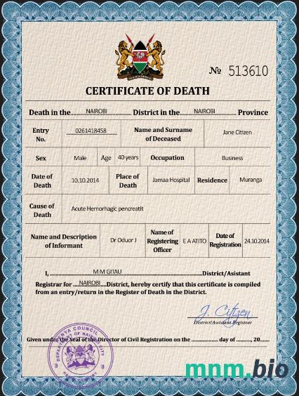 Kenya rekord życiowy śmierć certyfikat PSD szablon